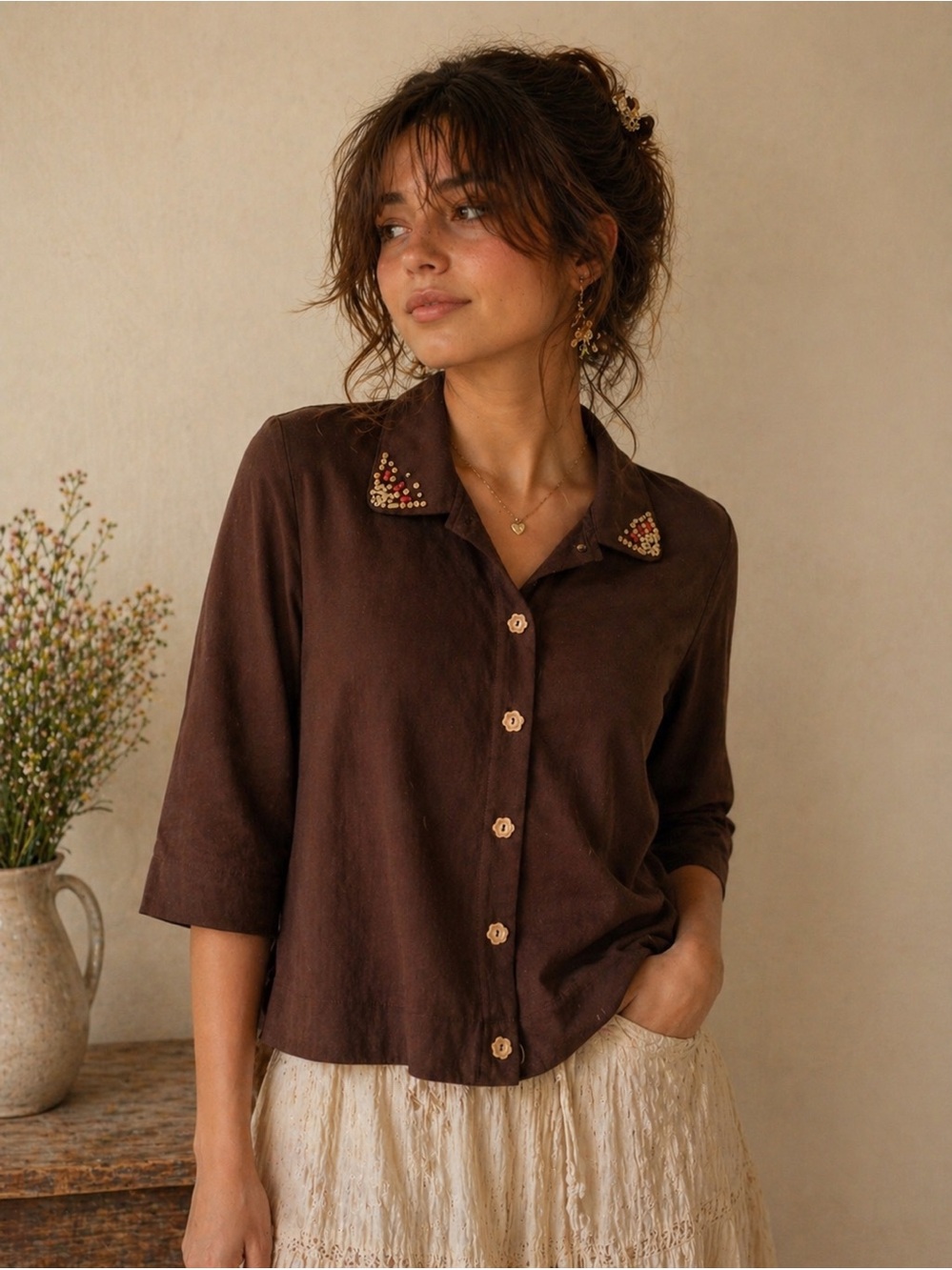 Beaded Collar Floral Button Brown Boho Blouse